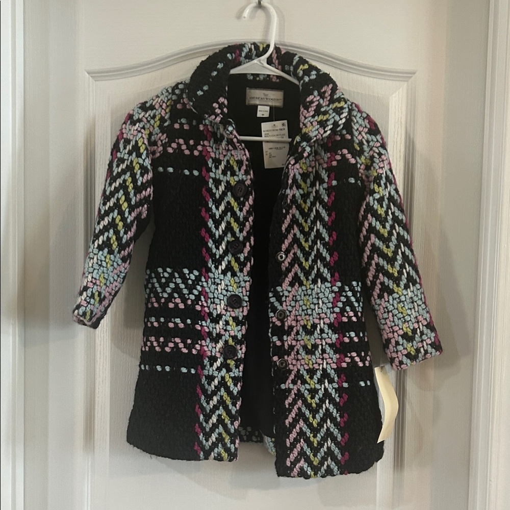 Girls' Black Knit Pea Coat with Pastel Accents